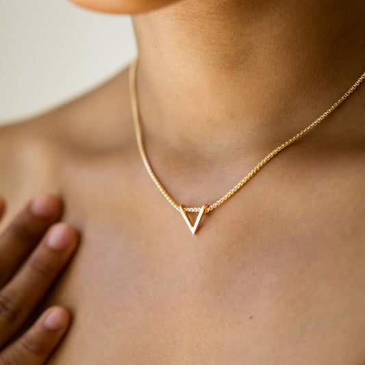 Gold necklace with a triangle pendant on a person's neck