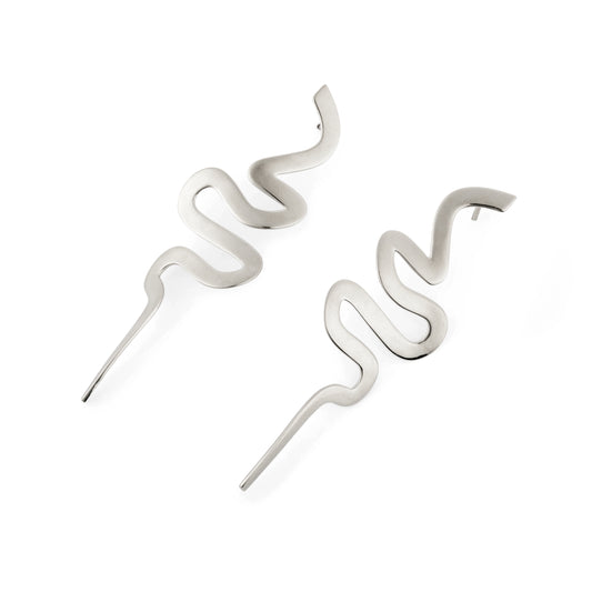 A pair of silver-colored ribbon statement earrings designed to drape from the ears, resembling cascading water.