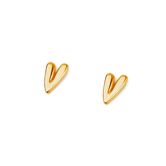 A pair of gold-colored stud earrings in the shape of elongated hearts.
