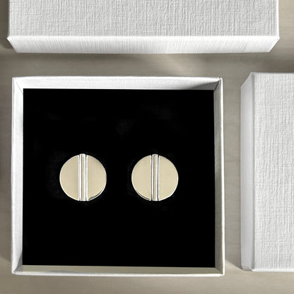 Aegis Modern Silver Coin Earrings in jewelry box