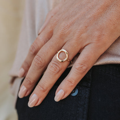 Close up of a hand wearing a circular ring