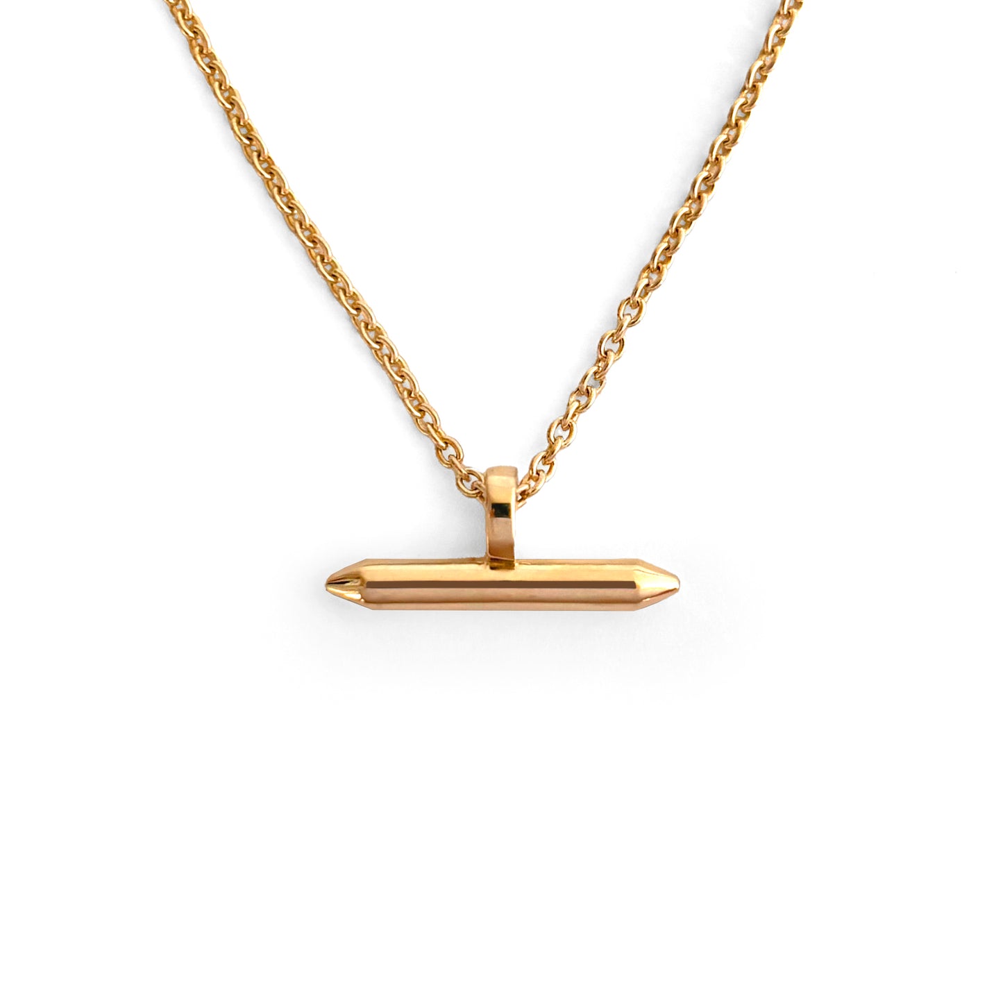 Gold Linear Bar Necklace Pendant hanging on gold chain with white background