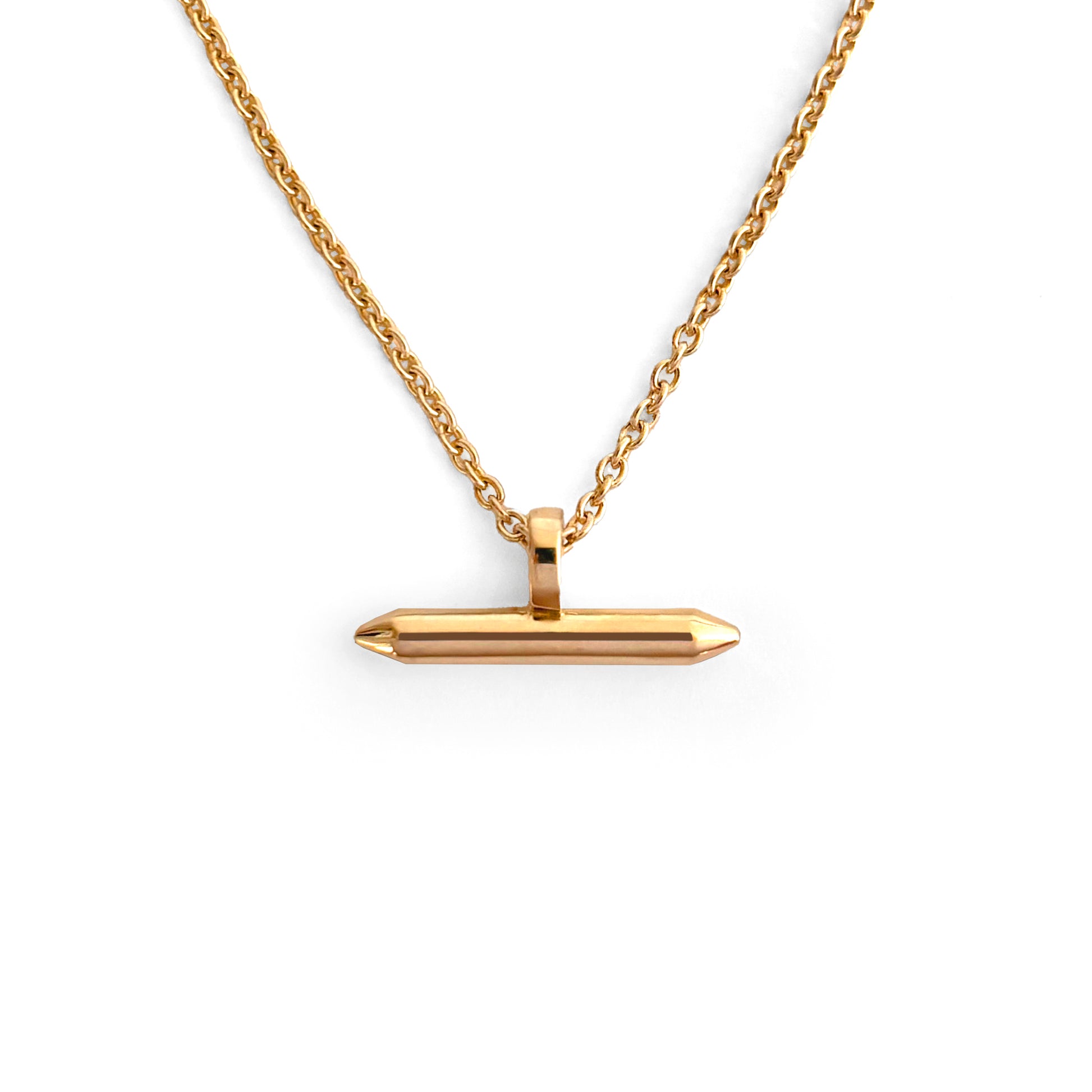 Gold Linear Bar Necklace Pendant hanging on gold chain with white background