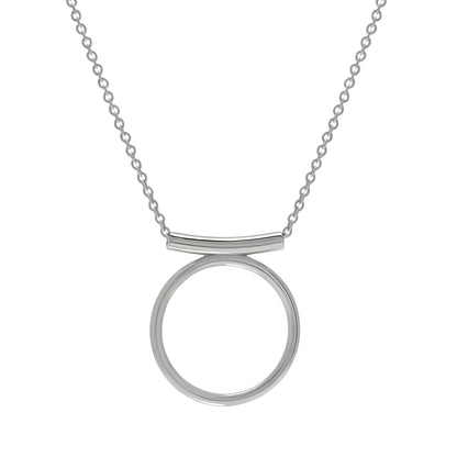 Silver necklace with a open circle pendant design on a white background