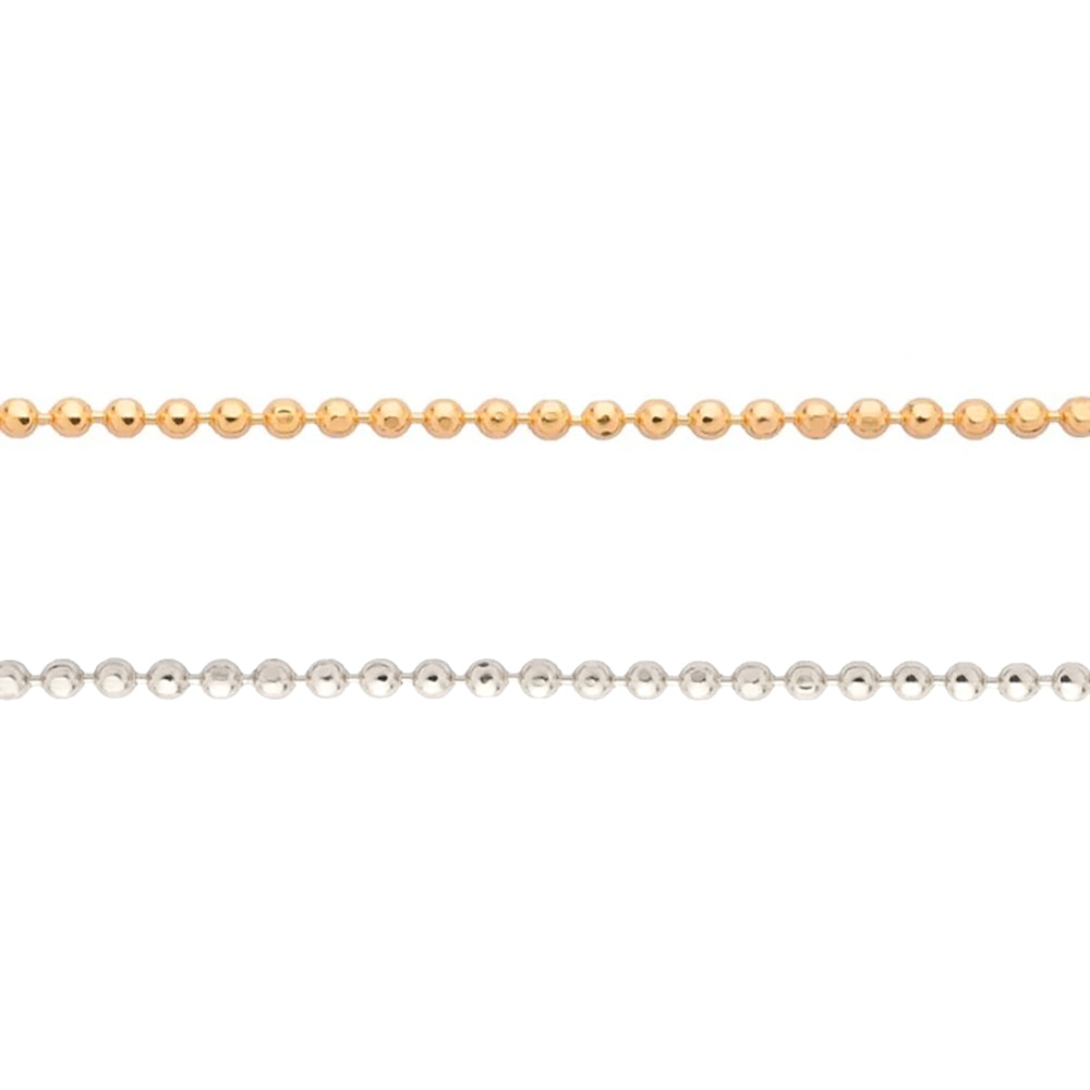 Two ball bead chain necklaces, one in gold and one in silver, displayed against a white background.