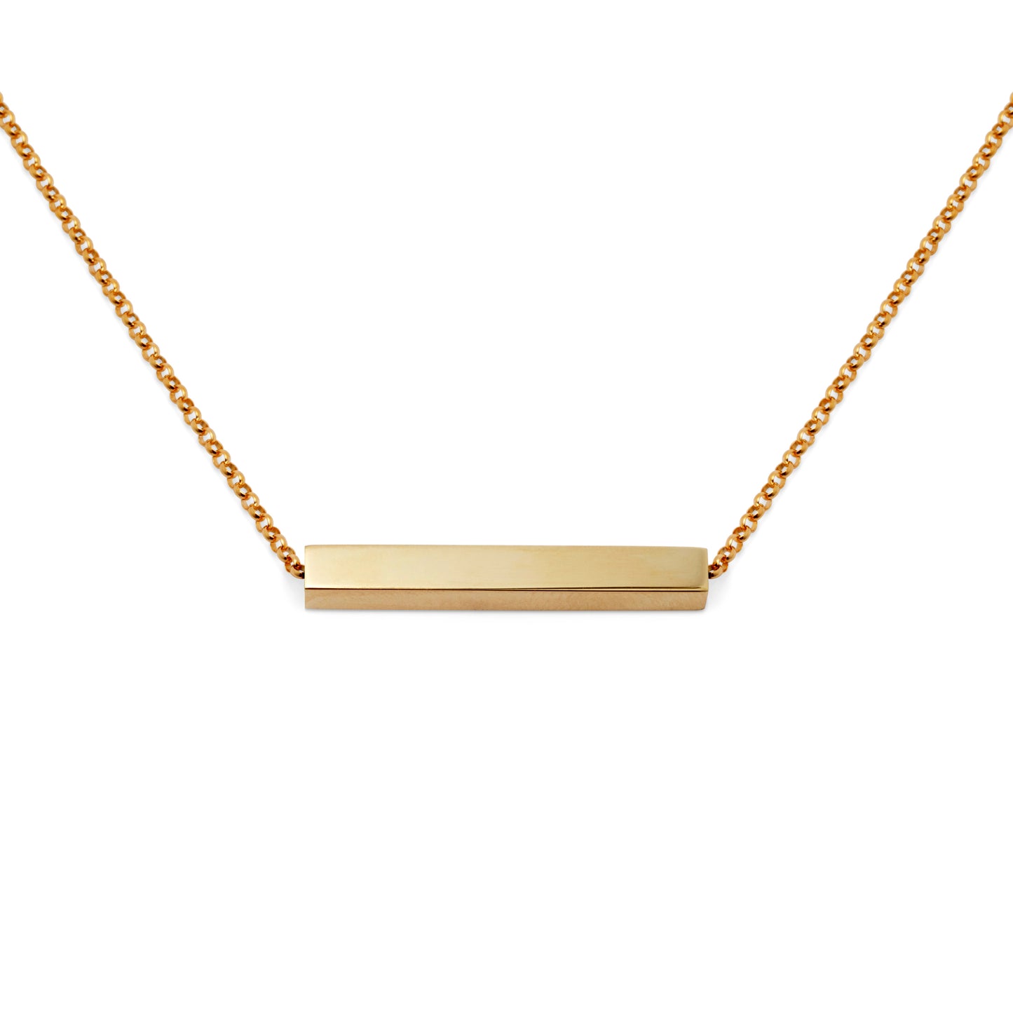 A simple bar-shaped silver necklace on a rolo-style chain.