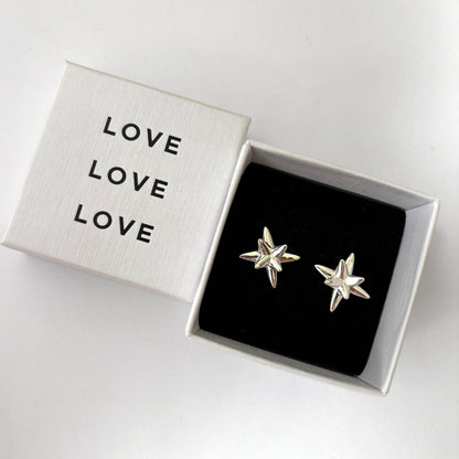 Star-shaped earrings in a box with 'LOVE' text on a white background