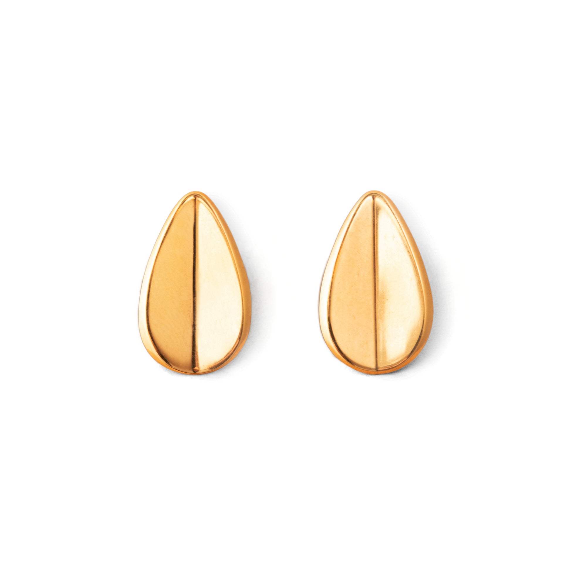A pair of gold-colored teardrop-shaped earrings with a folded concavity design, displayed against a white background.