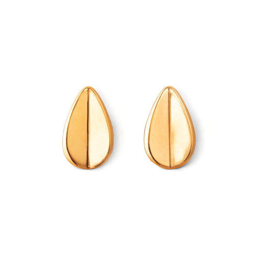 A pair of gold-colored teardrop-shaped earrings with a folded concavity design, displayed against a white background.