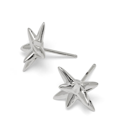 Pair of silver star-shaped earrings on a white background