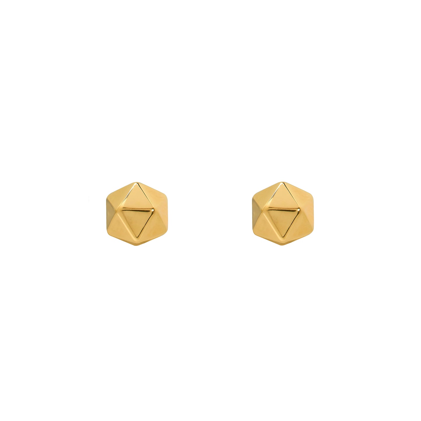 Pair of gold geometric stud earrings on a white background
