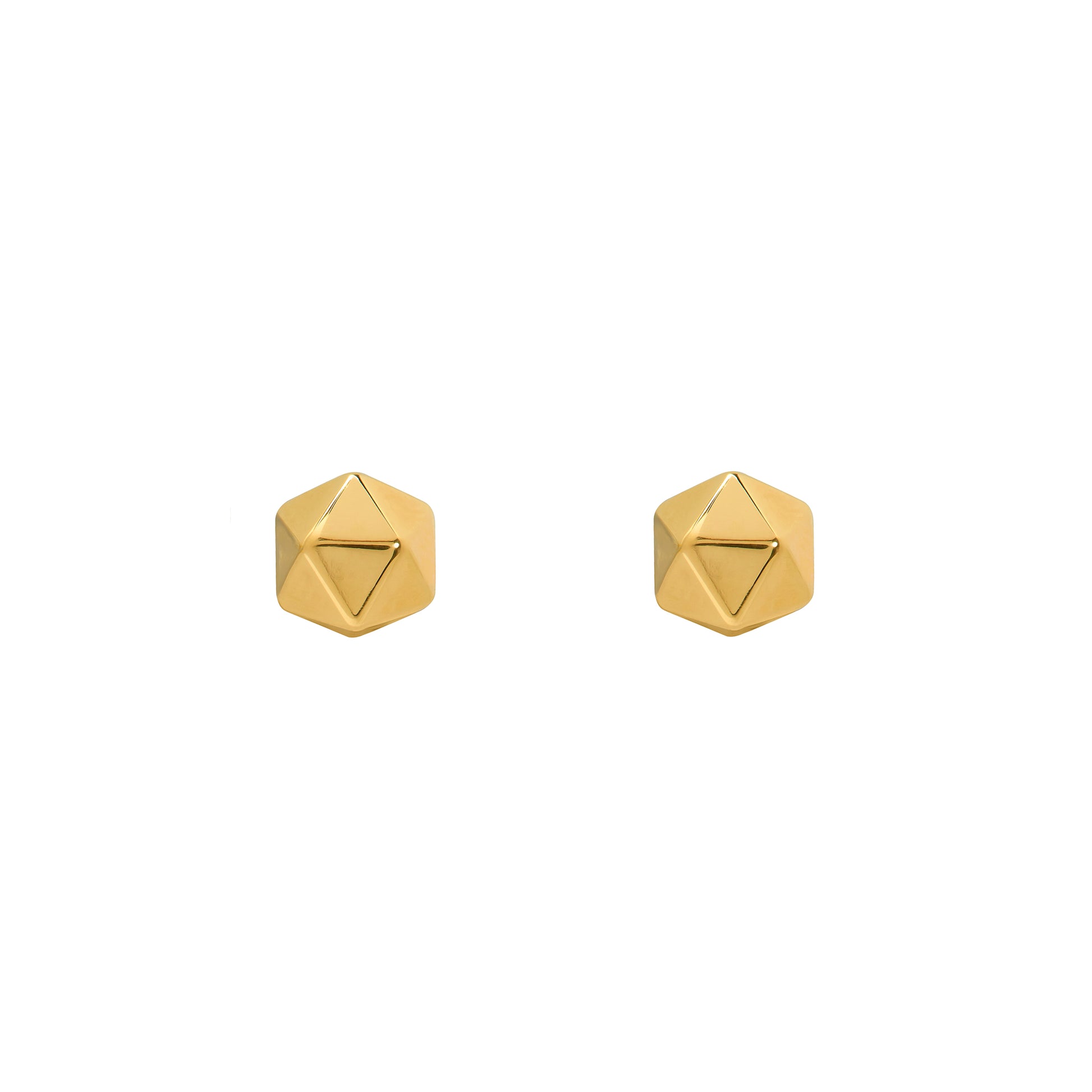 Pair of gold geometric stud earrings on a white background