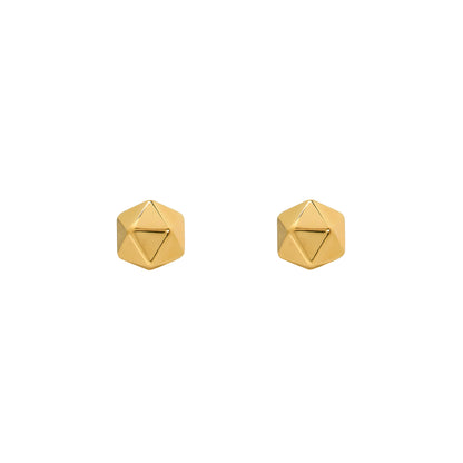 Pair of gold geometric stud earrings on a white background
