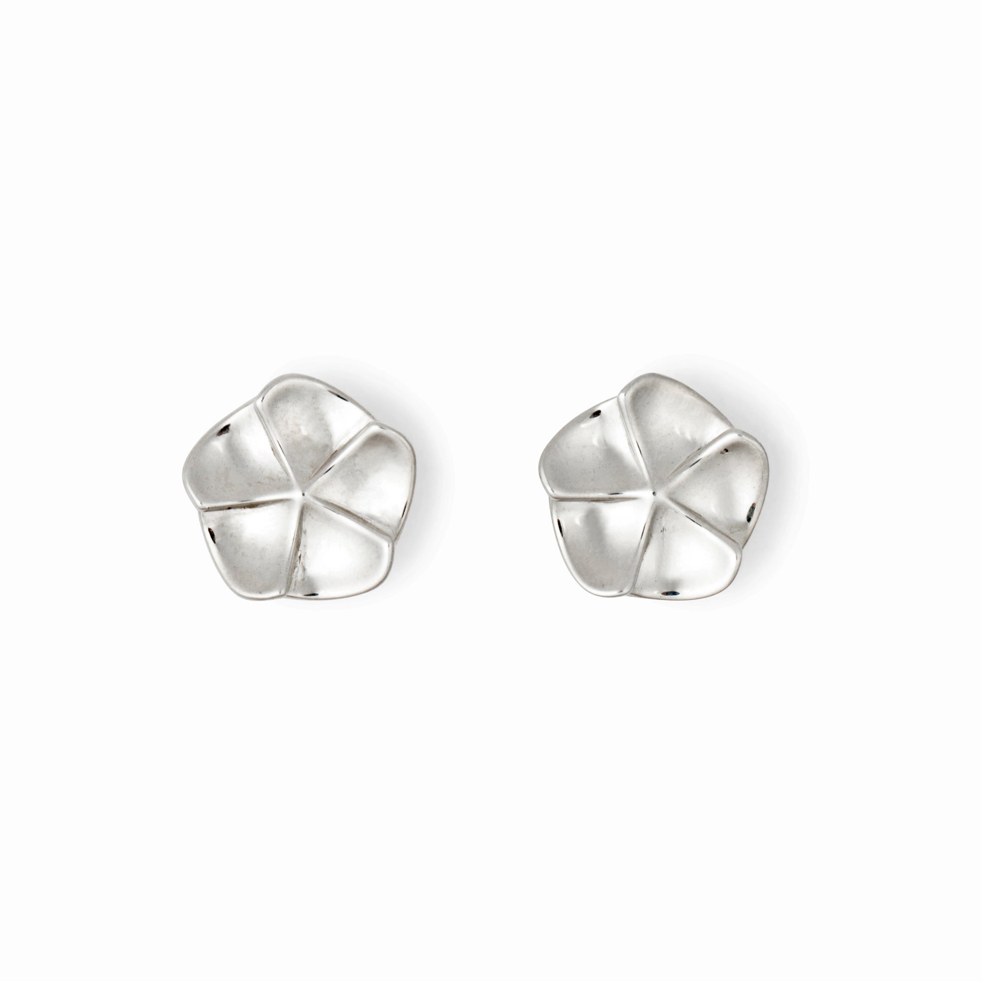A pair of silver floral design earrings with a post-backing, inspired by flower petals.