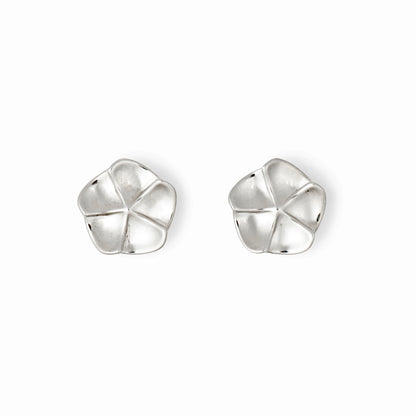 A pair of silver floral design earrings with a post-backing, inspired by flower petals.