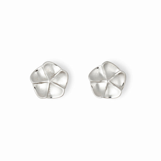 A pair of silver floral design earrings with a post-backing, inspired by flower petals.