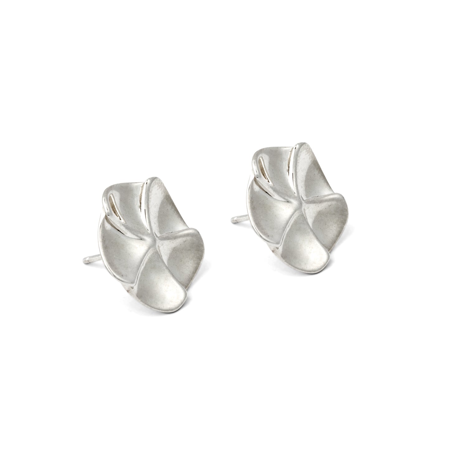 Pair of silver floral earrings on a white background
