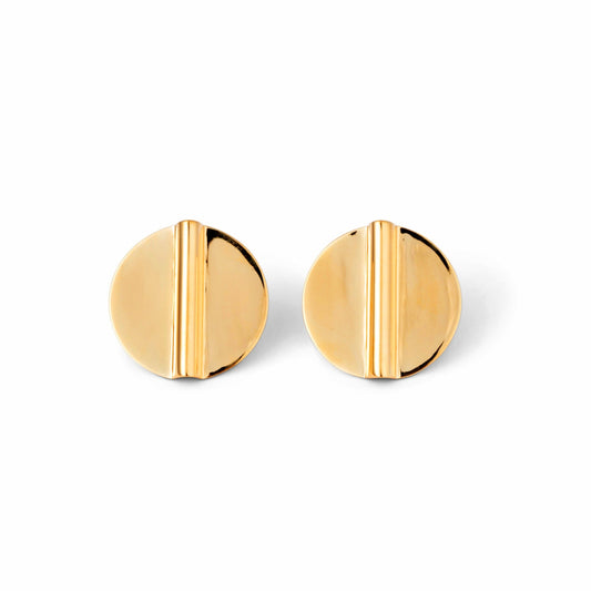 gold circle coin shield earring with slight folded rise line down the center