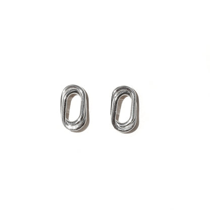 A pair of silver double oval earrings on a white background