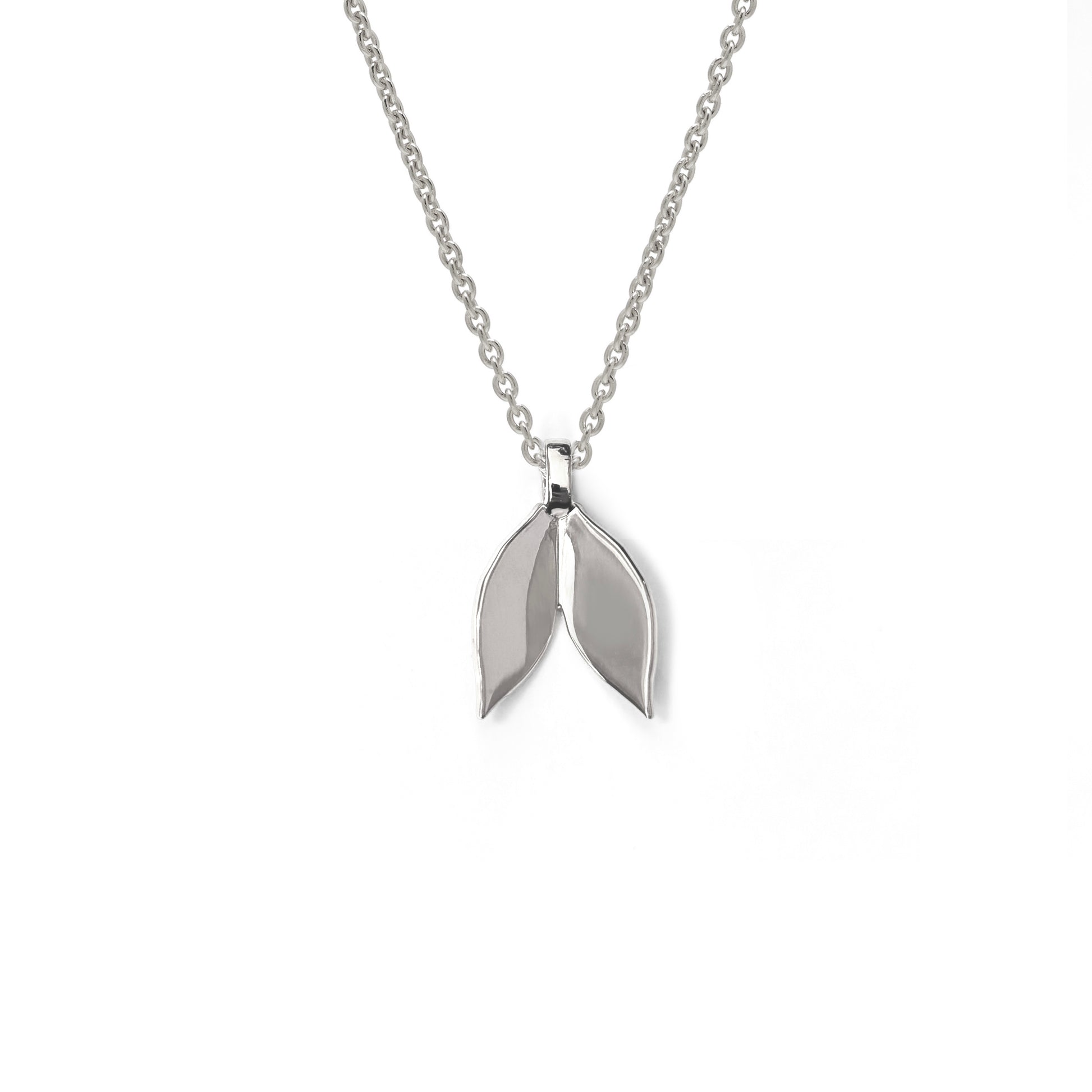 Silver necklace with a leaf-shaped pendant on a white background