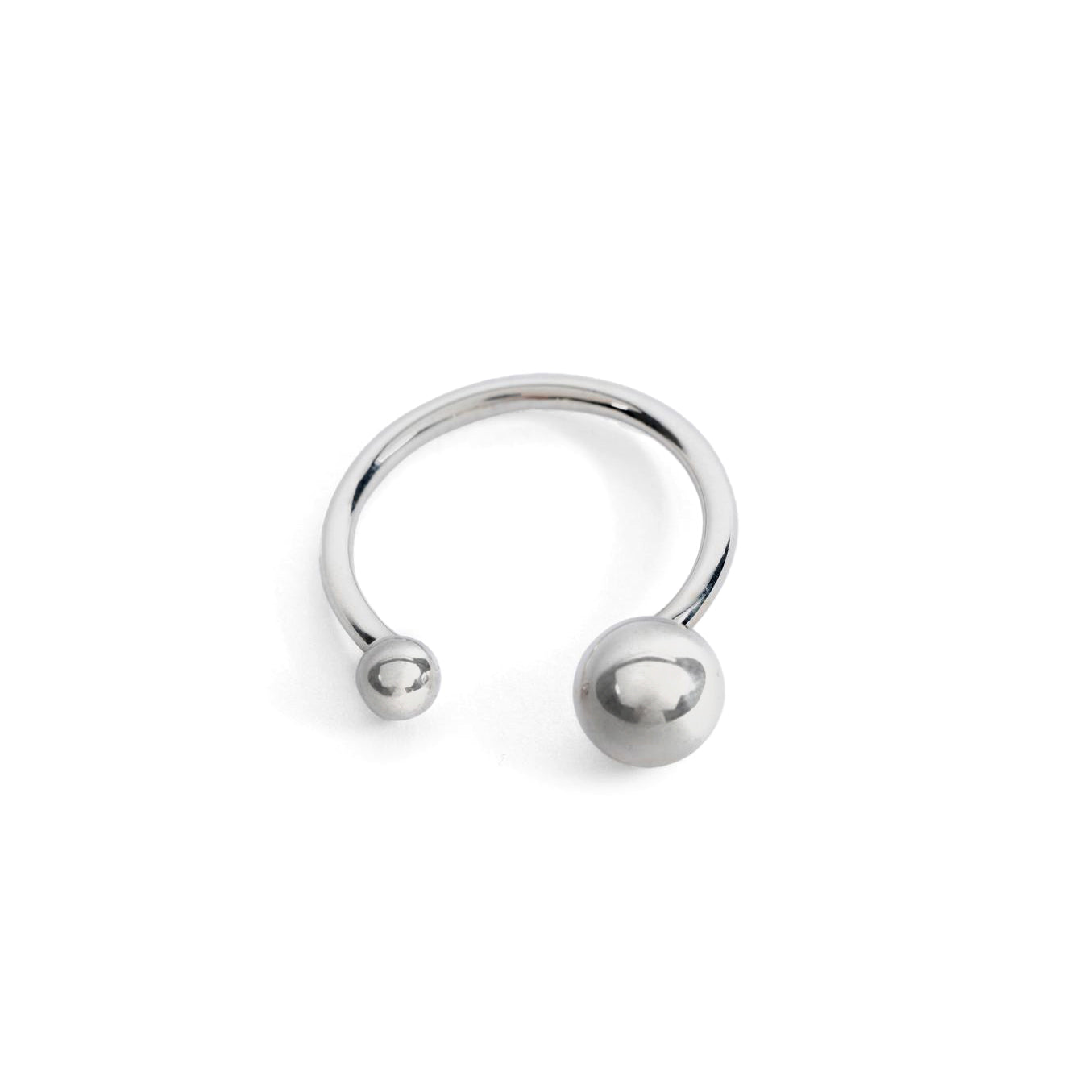 A silver ring with two orbs, one larger and one smaller, against a white background.