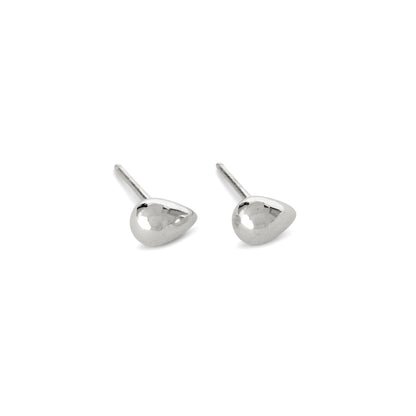 A pair of small silver water droplet stud earrings displayed against a white background.