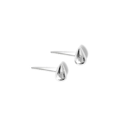 A pair of small silver water droplet stud earrings displayed against a white background.