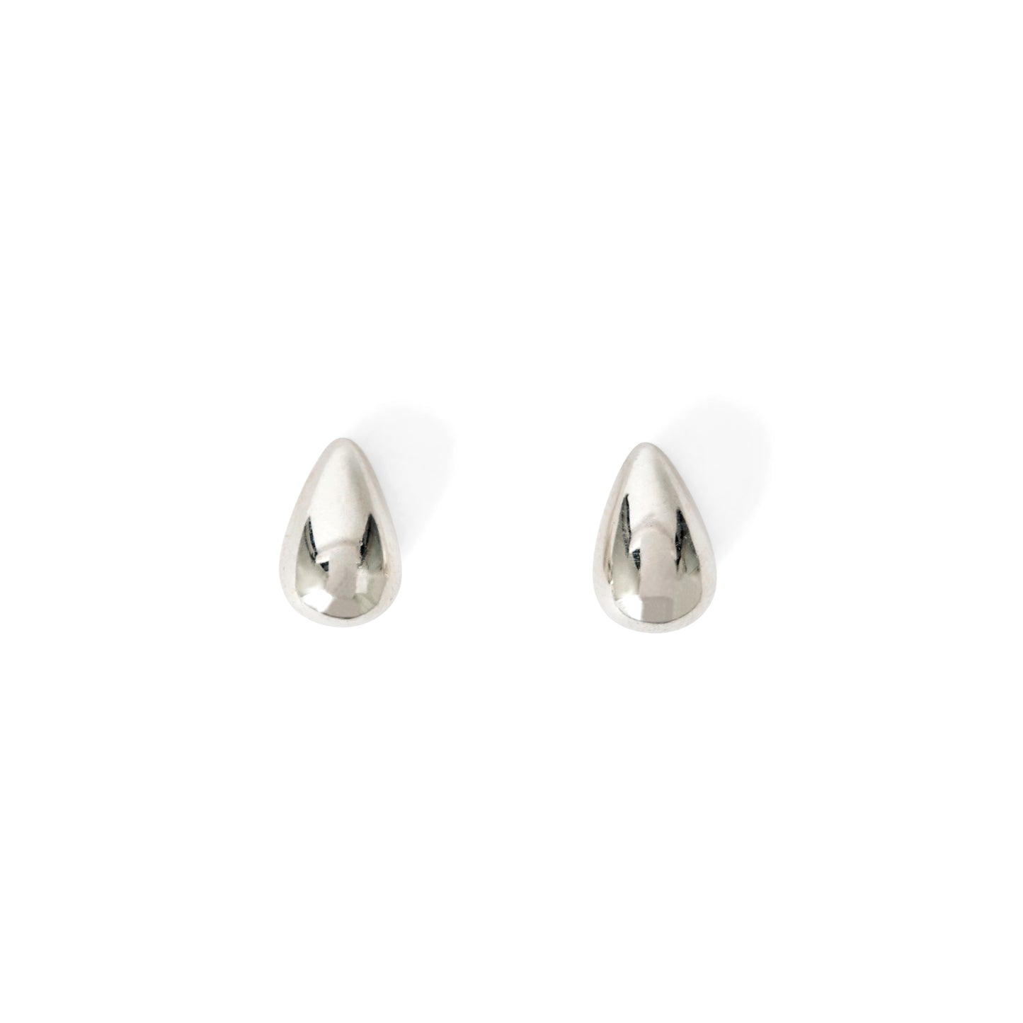 A pair of small silver water droplet stud earrings displayed against a white background.