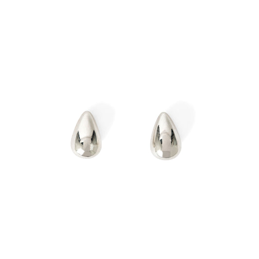 A pair of small silver water droplet stud earrings displayed against a white background.