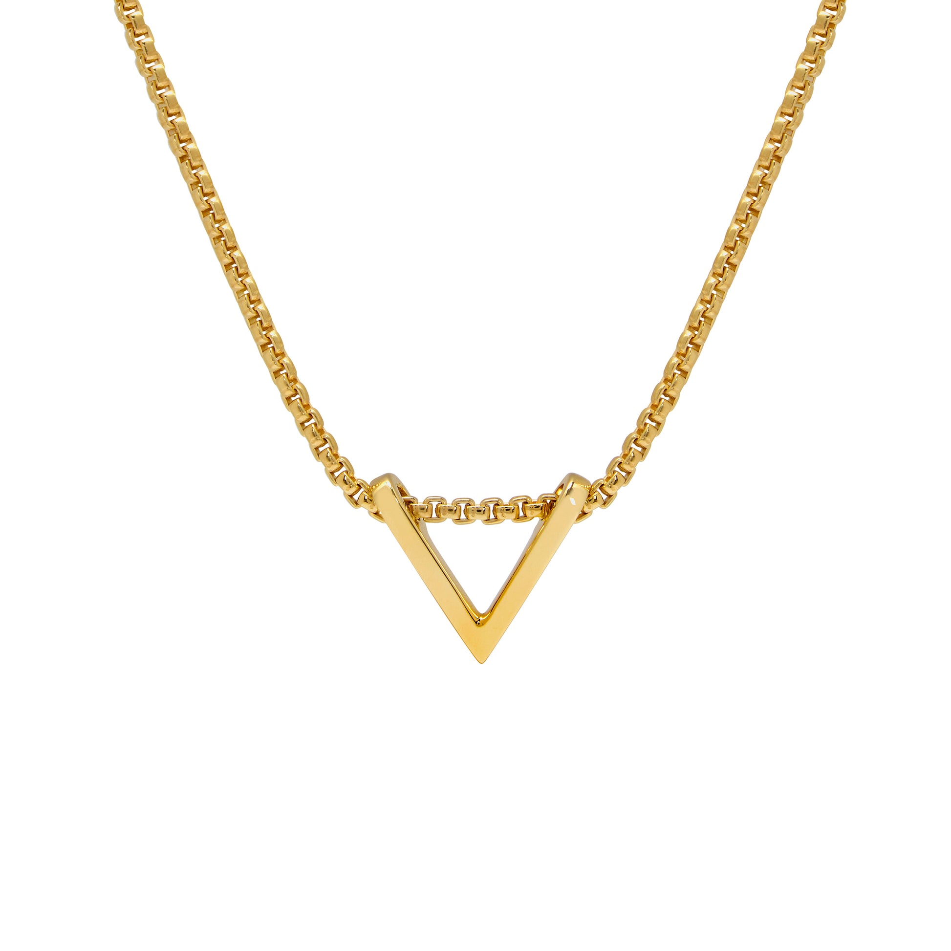 Gold necklace with a V-shaped pendant on a white background