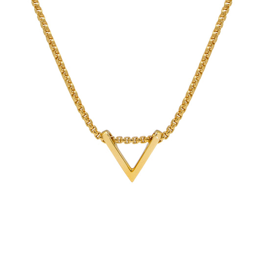 Gold necklace with a V-shaped pendant on a white background