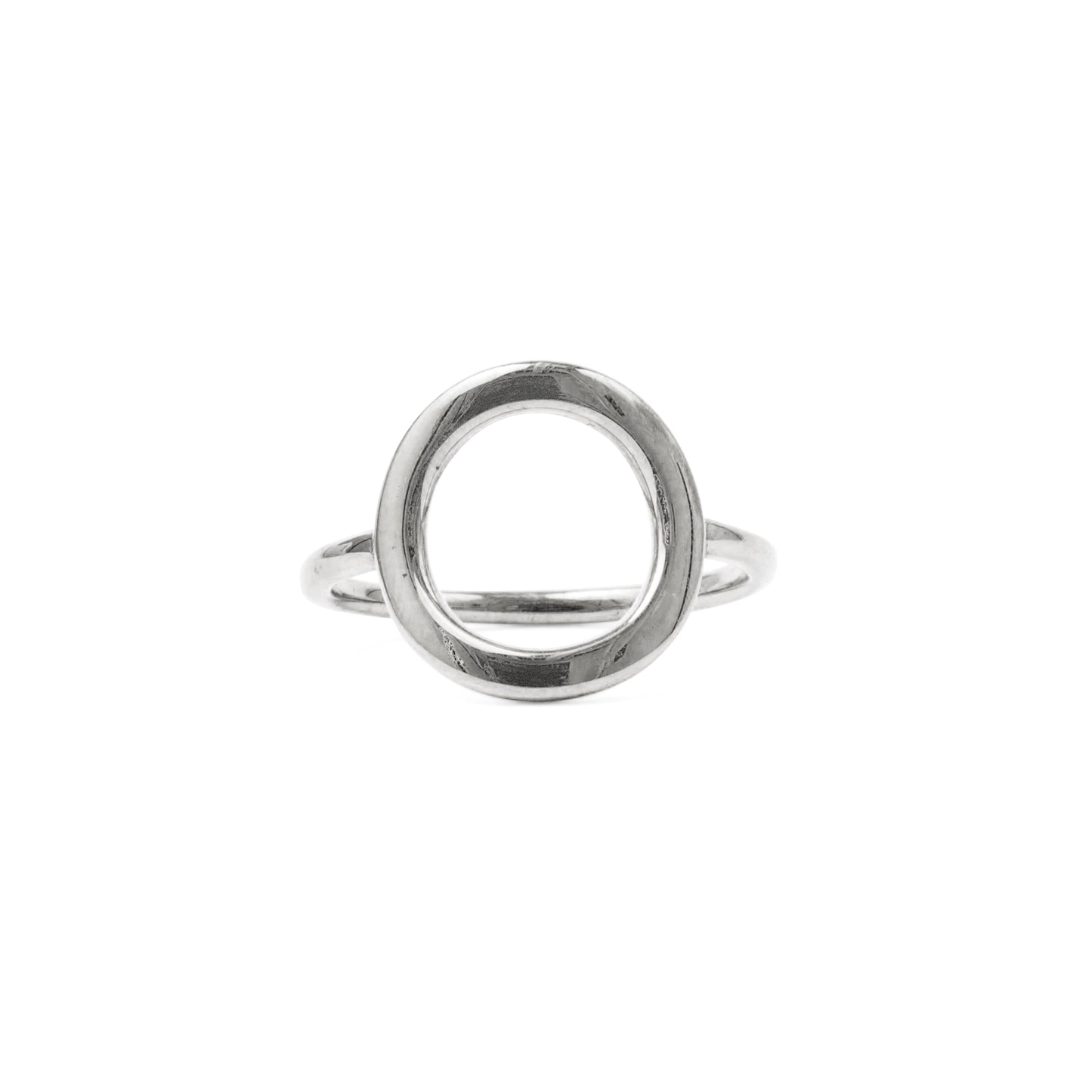 Silver ring with a circle design on a white background