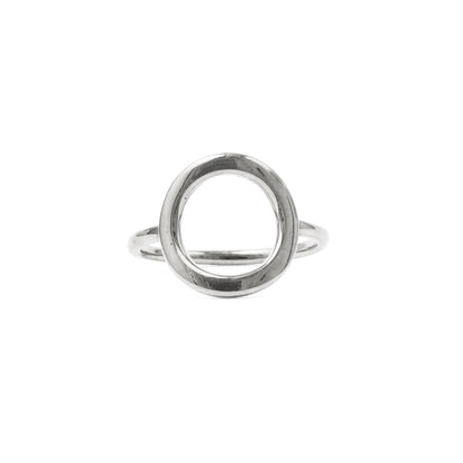 Silver ring with a circle design on a white background