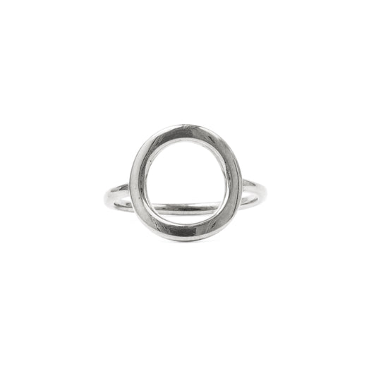 Silver ring with a circle design on a white background