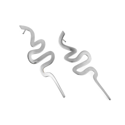 Silver snake-shaped earrings on a white background