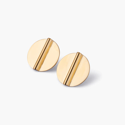 Modern Gold Coin Circle Line Earring on white background, side view