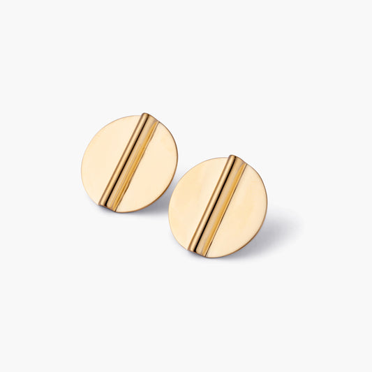 Modern Gold Coin Circle Line Earring on white background, side view
