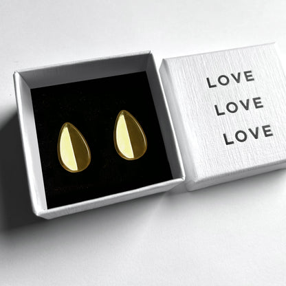 Modern Teardrop Earrings in Gold shown in Jewelry Box 