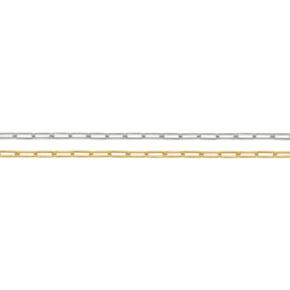 Two metal necklace chains, one silver and one gold, on a white background.