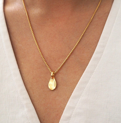 Person wearing a gold necklace with a petal-shaped pendant