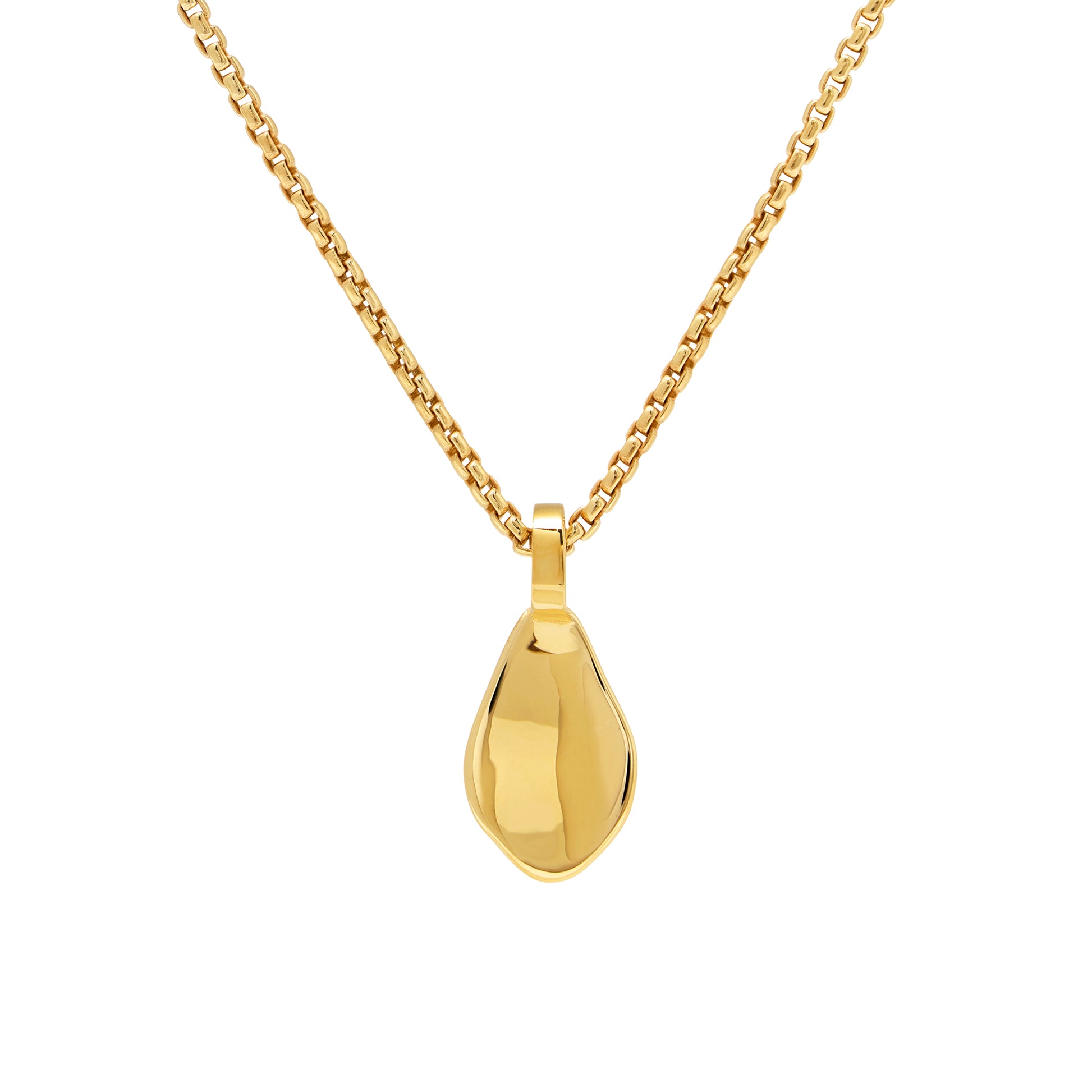 Gold petal pendant necklace on a white background