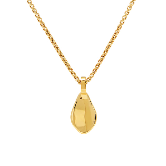 Gold petal pendant necklace on a white background