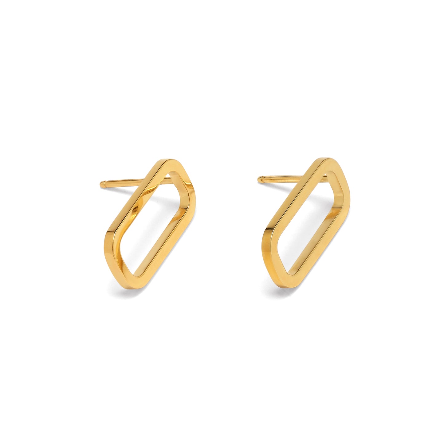 Gold geometric earrings on a white background