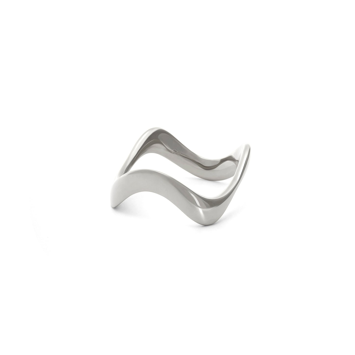 Silver wave-shaped ring on a white background