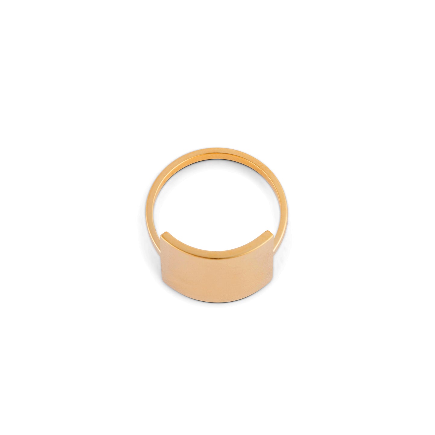A gold ring with a square shield design against a white background
