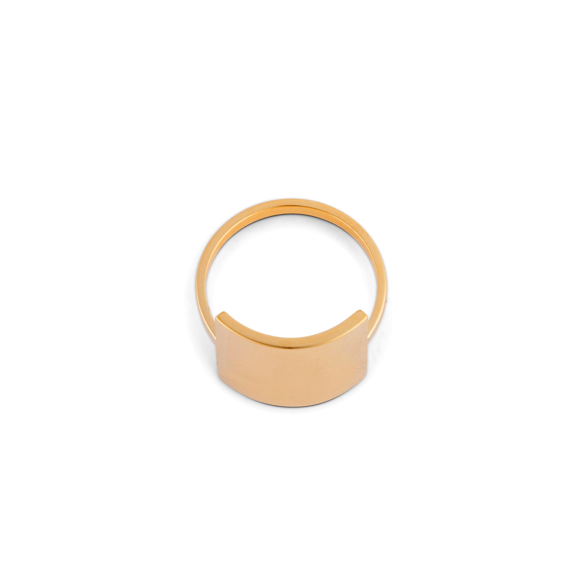 A gold ring with a square shield design against a white background