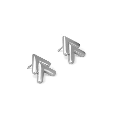 A pair of silver-colored chevron-shaped earrings against a white background.