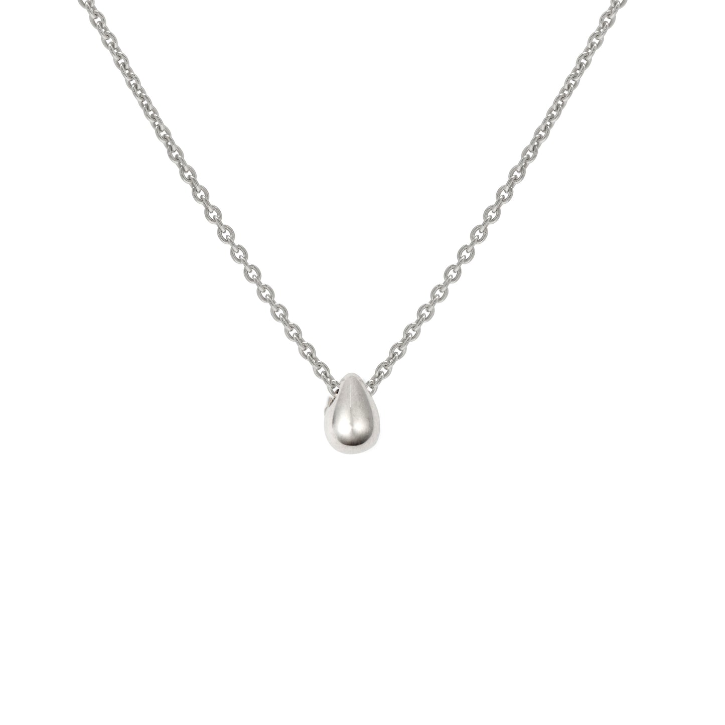 Silver Water Drop Droplet necklace on white background
