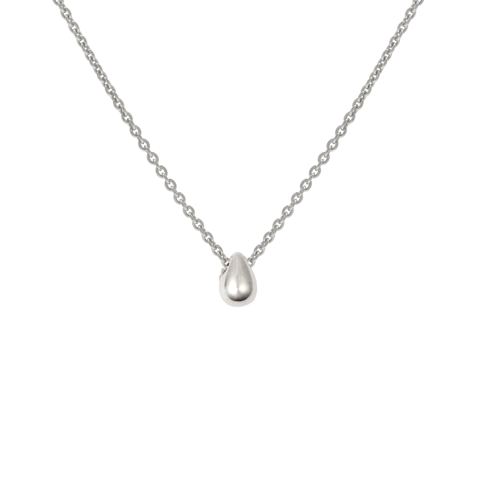 Silver Water Drop Droplet necklace on white background