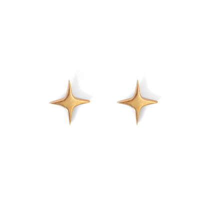 A pair of gold-colored star-shaped stud earrings against a white background.